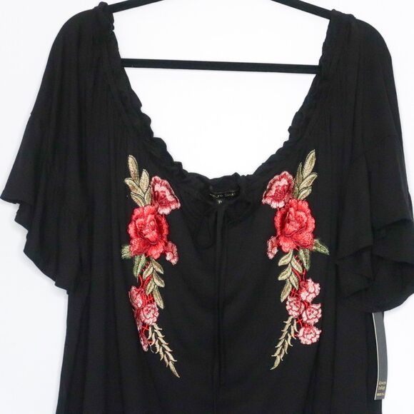 Always Indigo Womens Blouse Plus Size 3X Black Floral Rose Boho Peasant Romantic - Picture 8 of 10